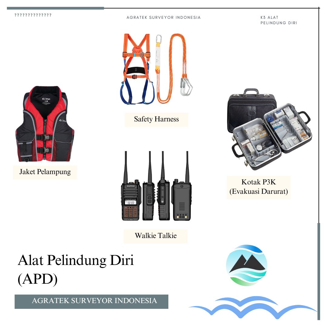 Contoh K3 Agratek Surveyor Indonesia, safety harness, jaket pelampung, walkie talkie, kotak p3